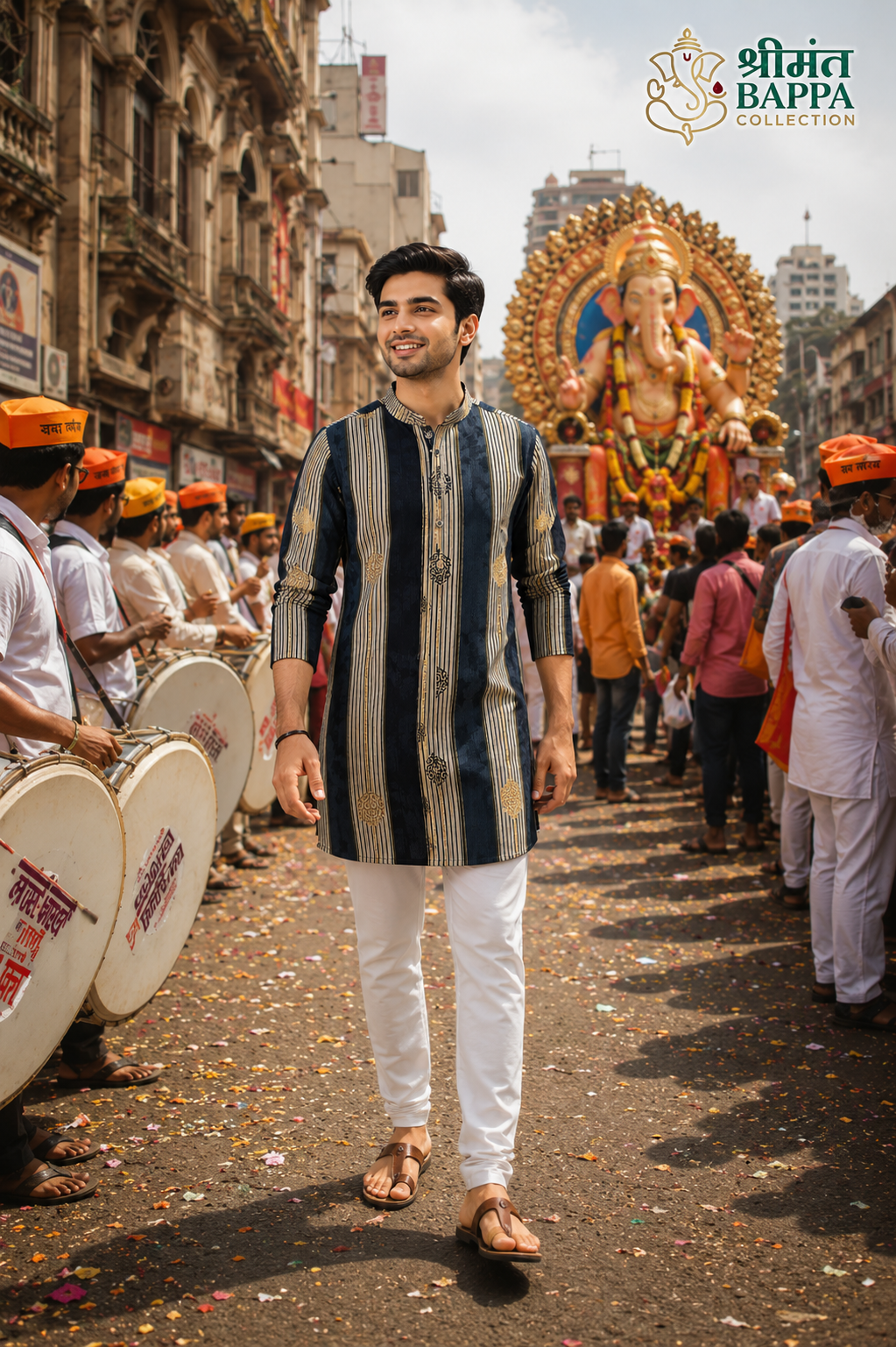 Navy & Gold Striped Festive Kurta Set
