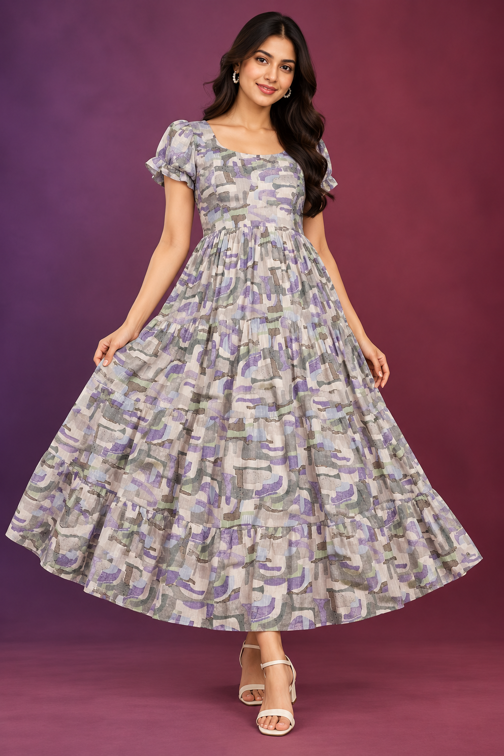 Lavender Grey Abstract Print Tiered Maxi Dress