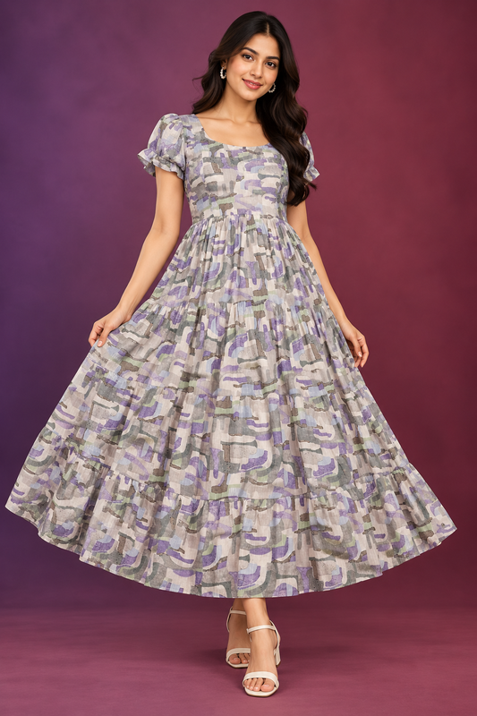 Lavender Grey Abstract Print Tiered Maxi Dress