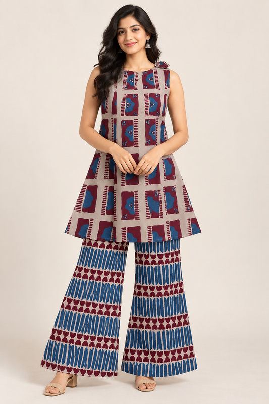 Women's Beige Maroon & Blue Printed Sleeveless Kurti Palazzo Set