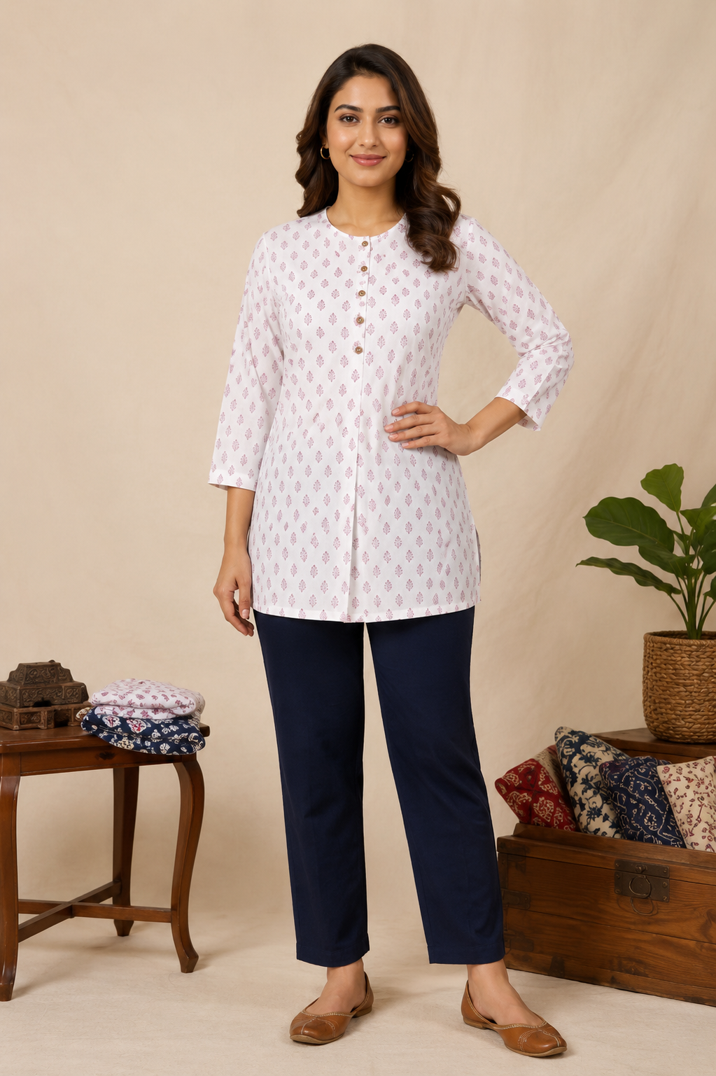 Women’s Powder Blue Printed Cotton Box Pleated Top