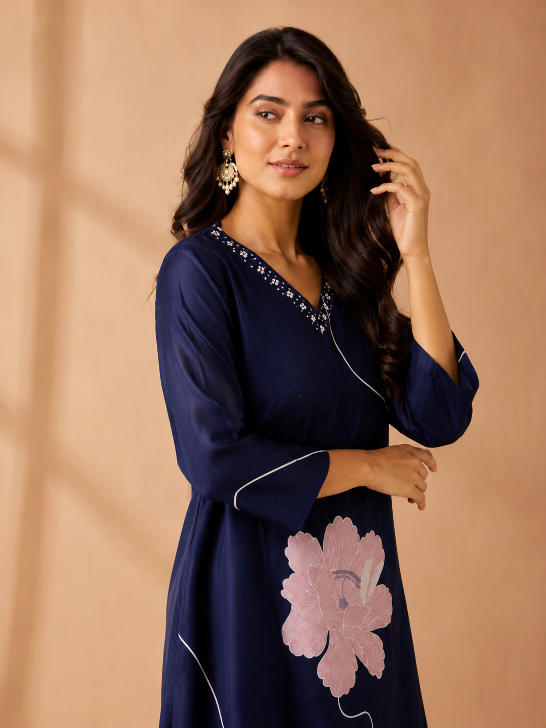 Midnight Blue Floral Printed Kurti Palazzo Set for Women