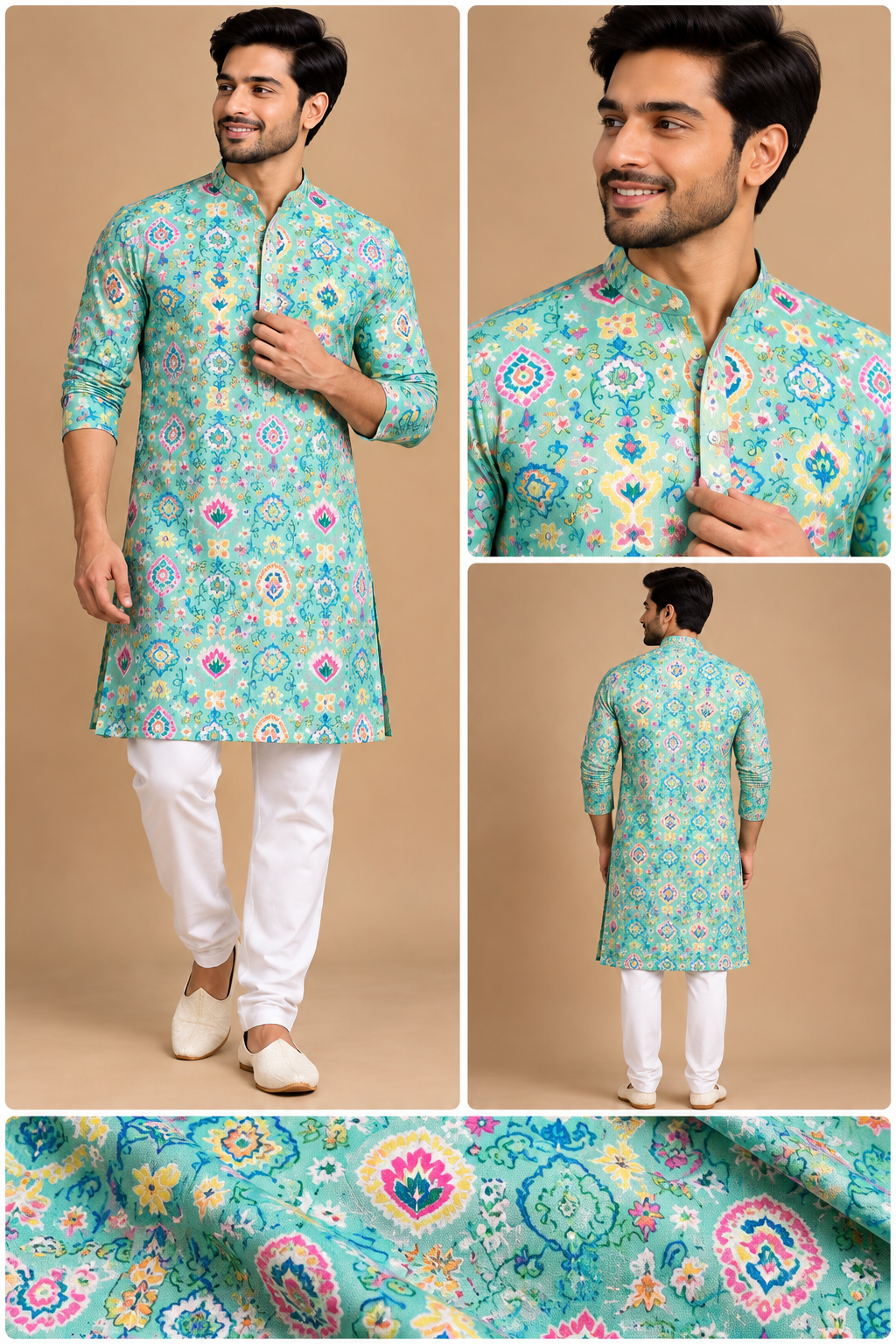 Mint Green Printed Festive Kurta for Men