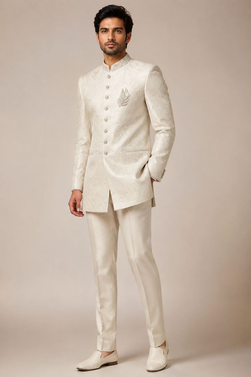 Ivory Jacquard Jodhpuri Bandhgala Suit