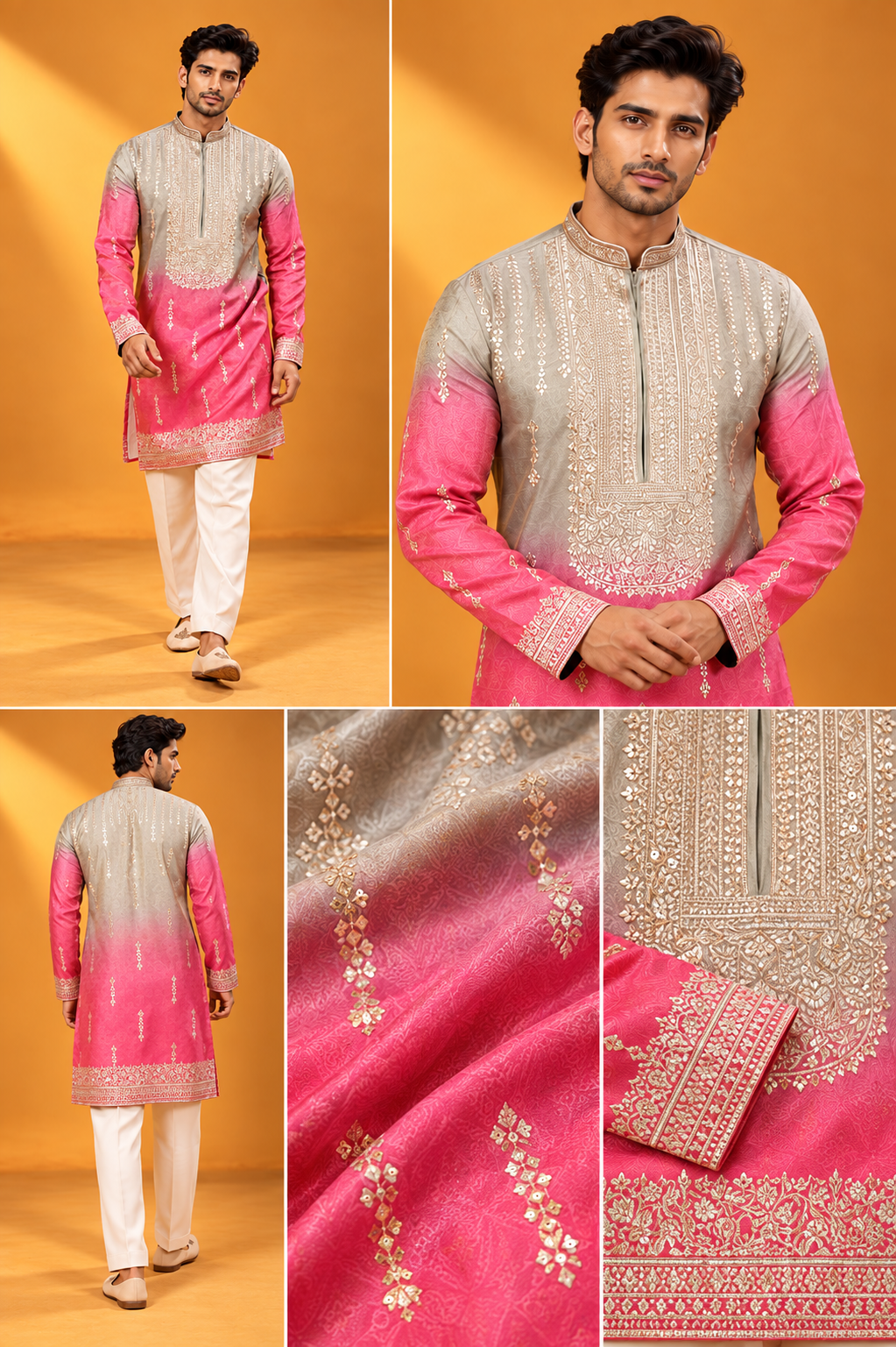 Pink & Silver Ombre Embroidered Kurta Set