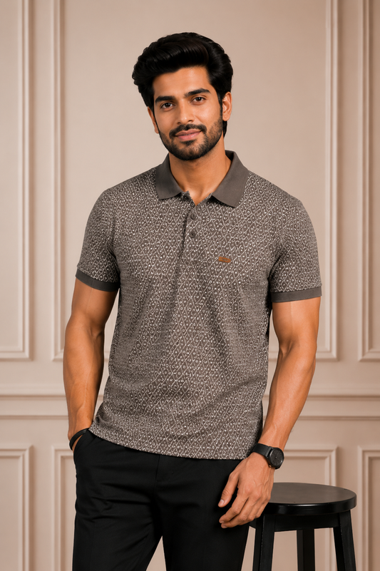 Men's Premium Charcoal Grey Printed Polo T-Shirt | Soft Cotton Blend | Smart Half Sleeve Polo