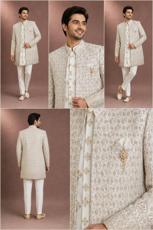 Ivory & Gold Embroidered Indo-Western Sherwani