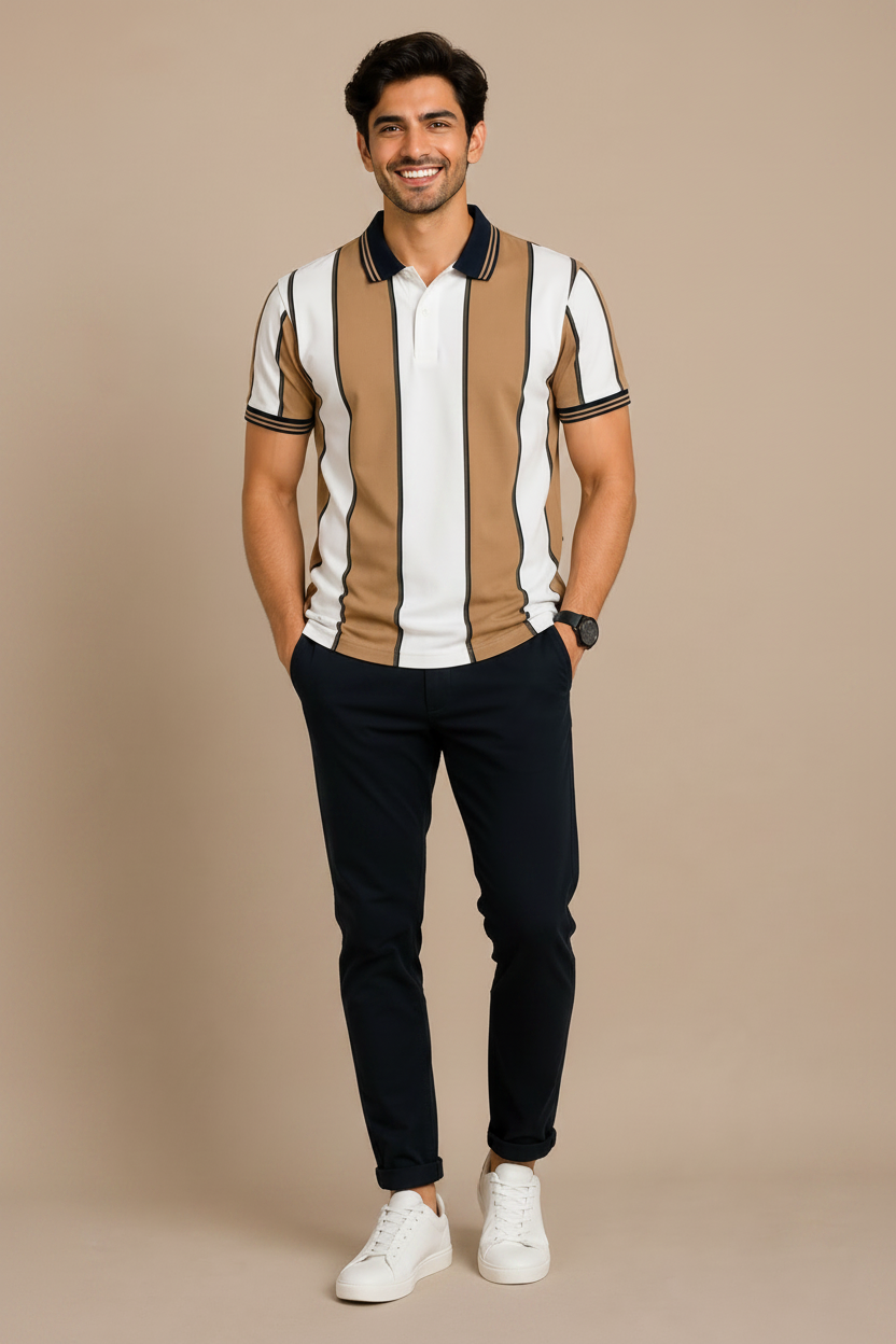 Men’s Beige & White Vertical Striped Polo T-Shirt
