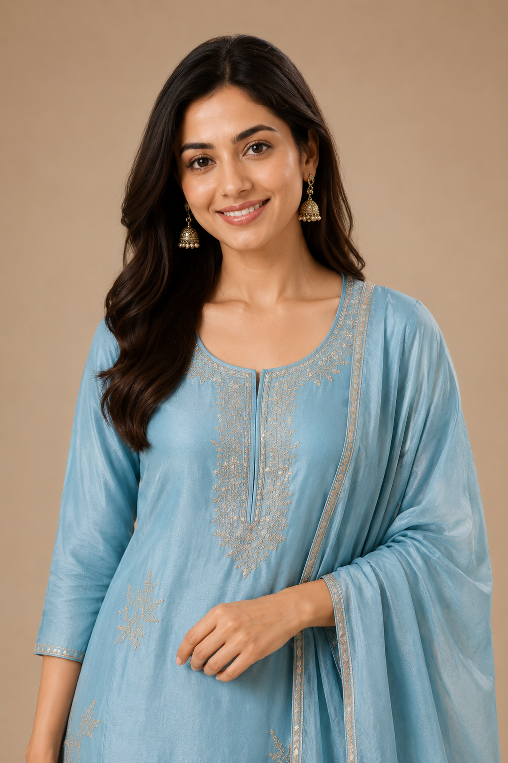 Elegant Sky Blue Embroidered Kurta Set with Dupatta
