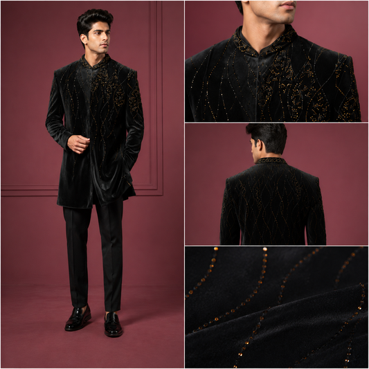 Black Velvet Gold Embellished Indo-Western Sherwani