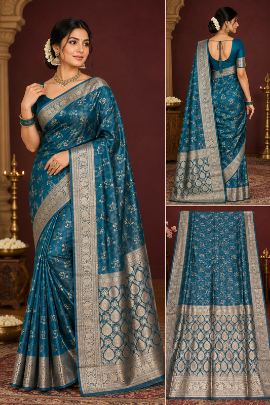 Teal Blue Banarasi Silk Saree with Rich Zari Border