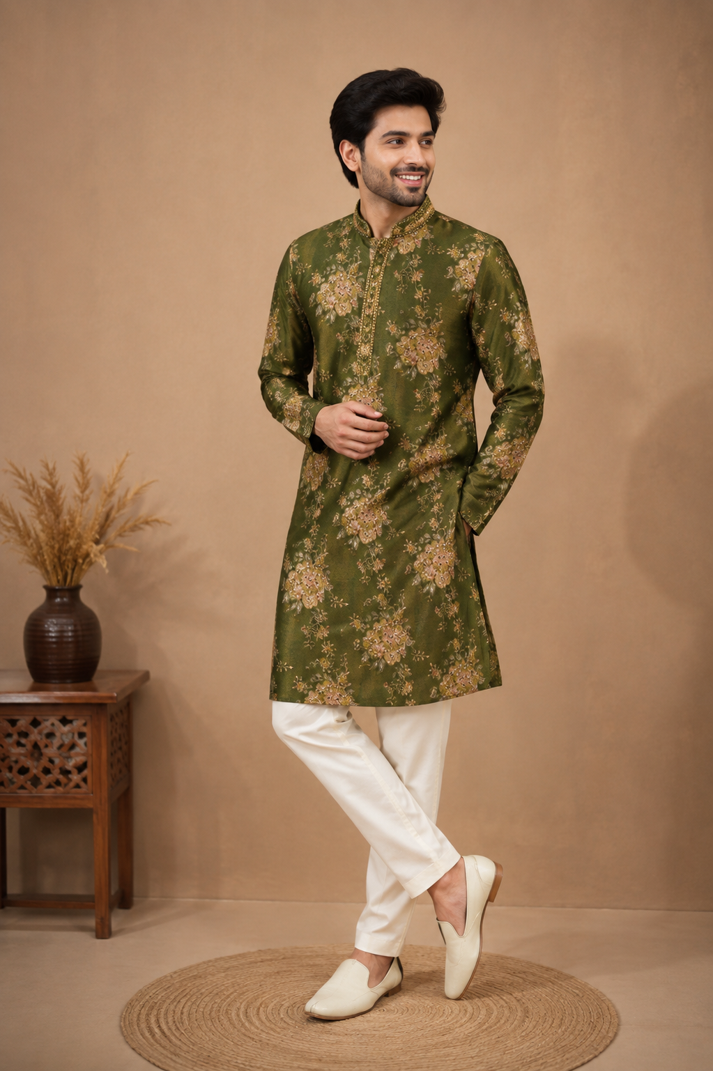 Royal Olive Green Floral Kurta