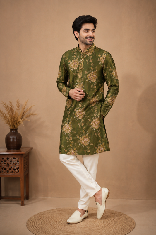 Royal Olive Green Floral Kurta