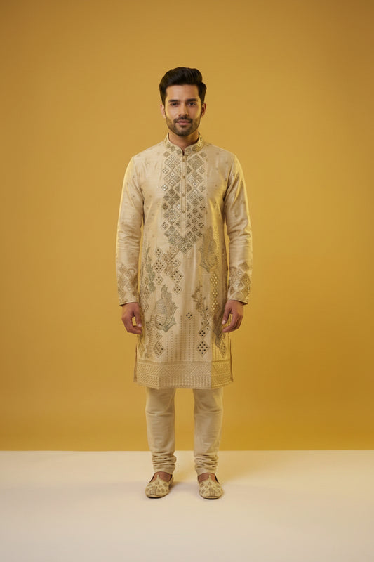 Men’s Beige Embroidered Festive Kurta