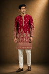 Maroon Red Heavily Embroidered Kurta for Men