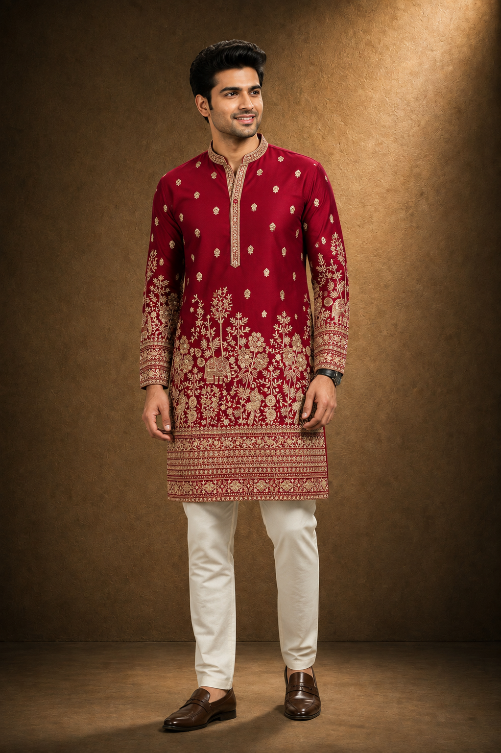 Maroon Red Heavily Embroidered Kurta for Men