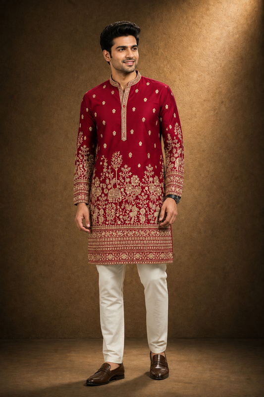 Maroon Red Heavily Embroidered Kurta for Men