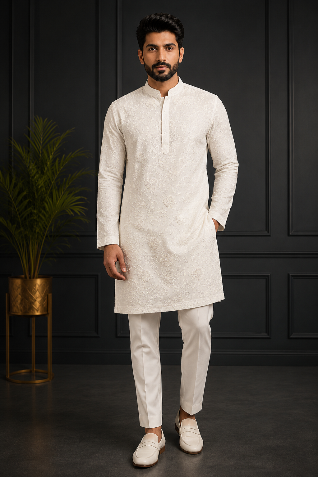 Classic Ivory Textured Kurta Set for Men