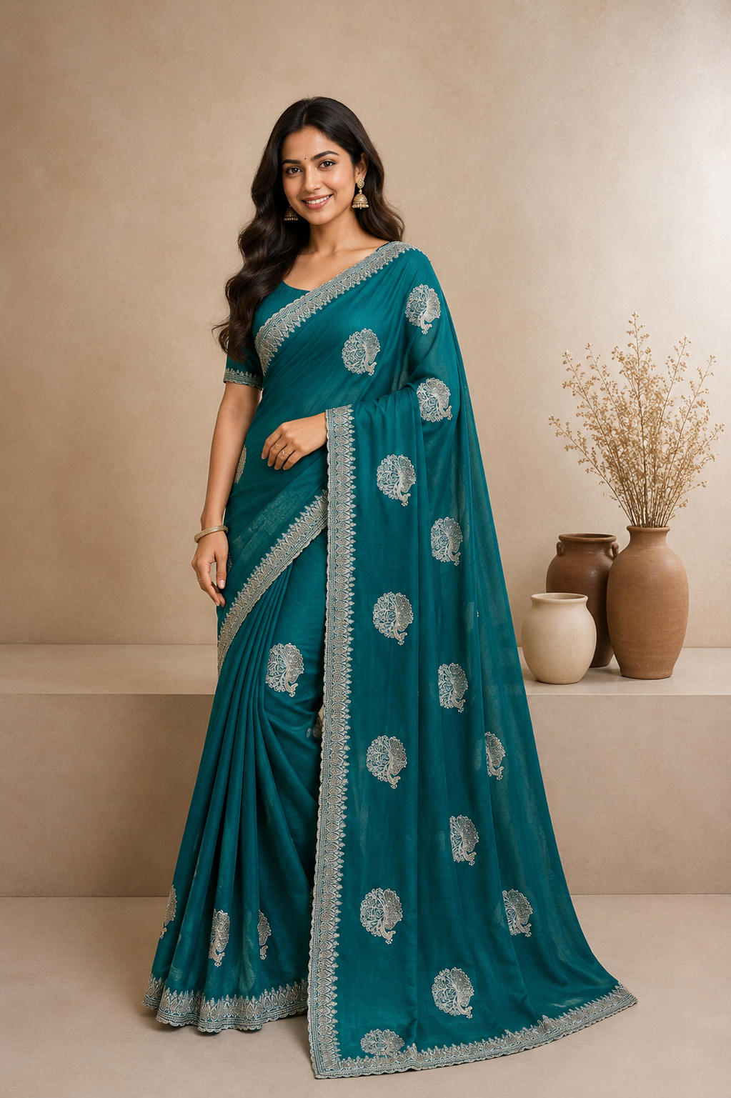 Elegant  Embroidered Saree with Silver Zari Border