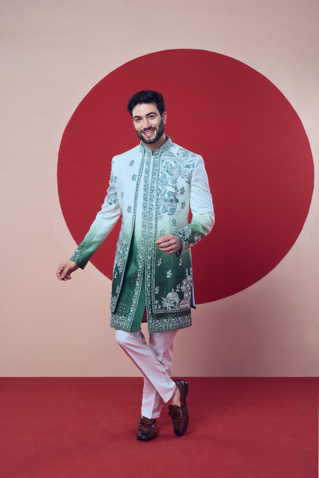 Men Mint & Bottle Green Floral Embroidered Indo-Western Set