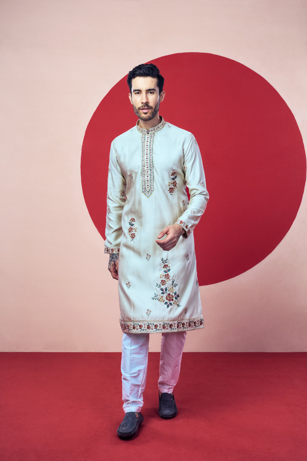 Men’s Cream Silk Kurta – Handcrafted Floral Embroidery
