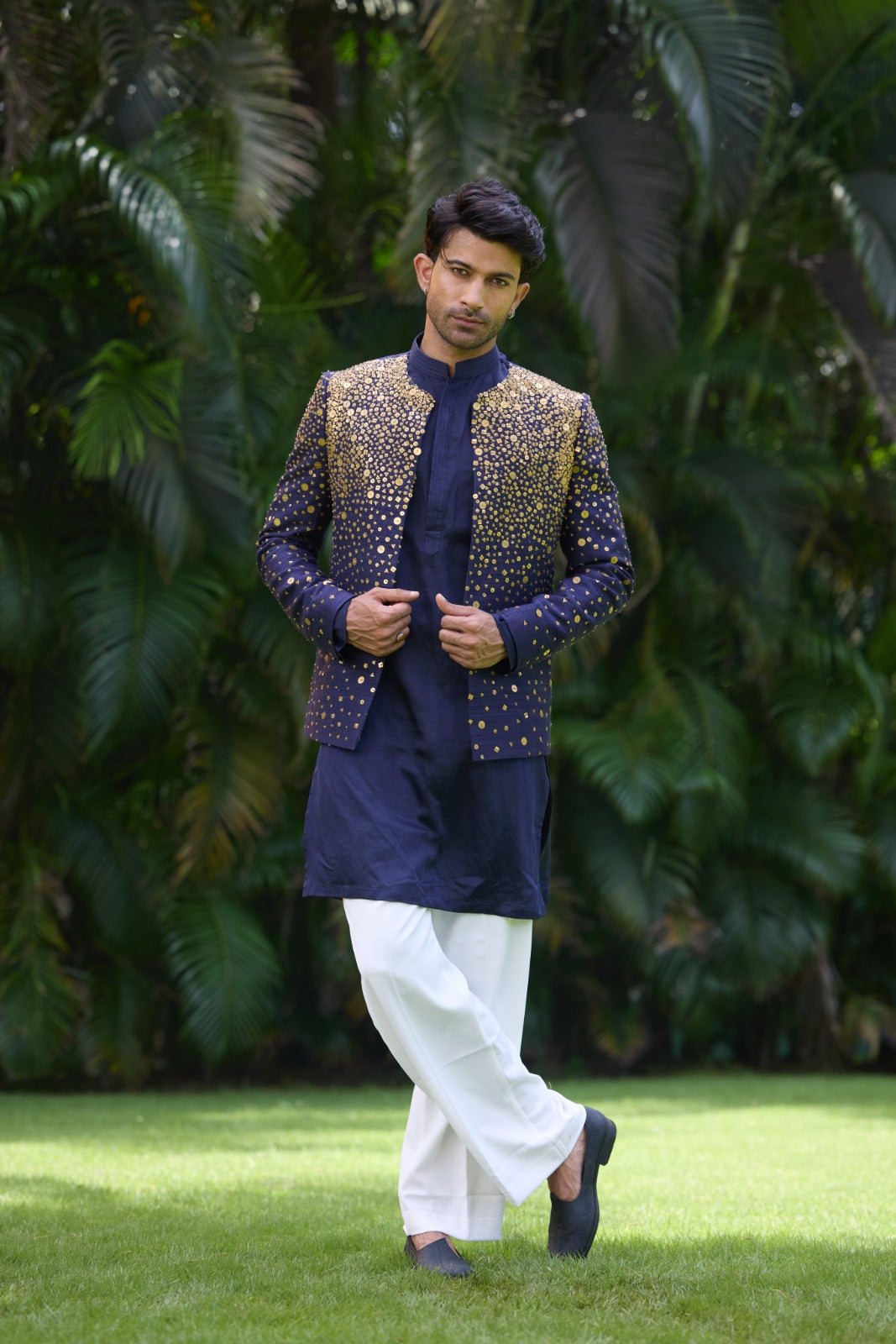 Navy & Gold Embroidered Indo-Western Jacket Set