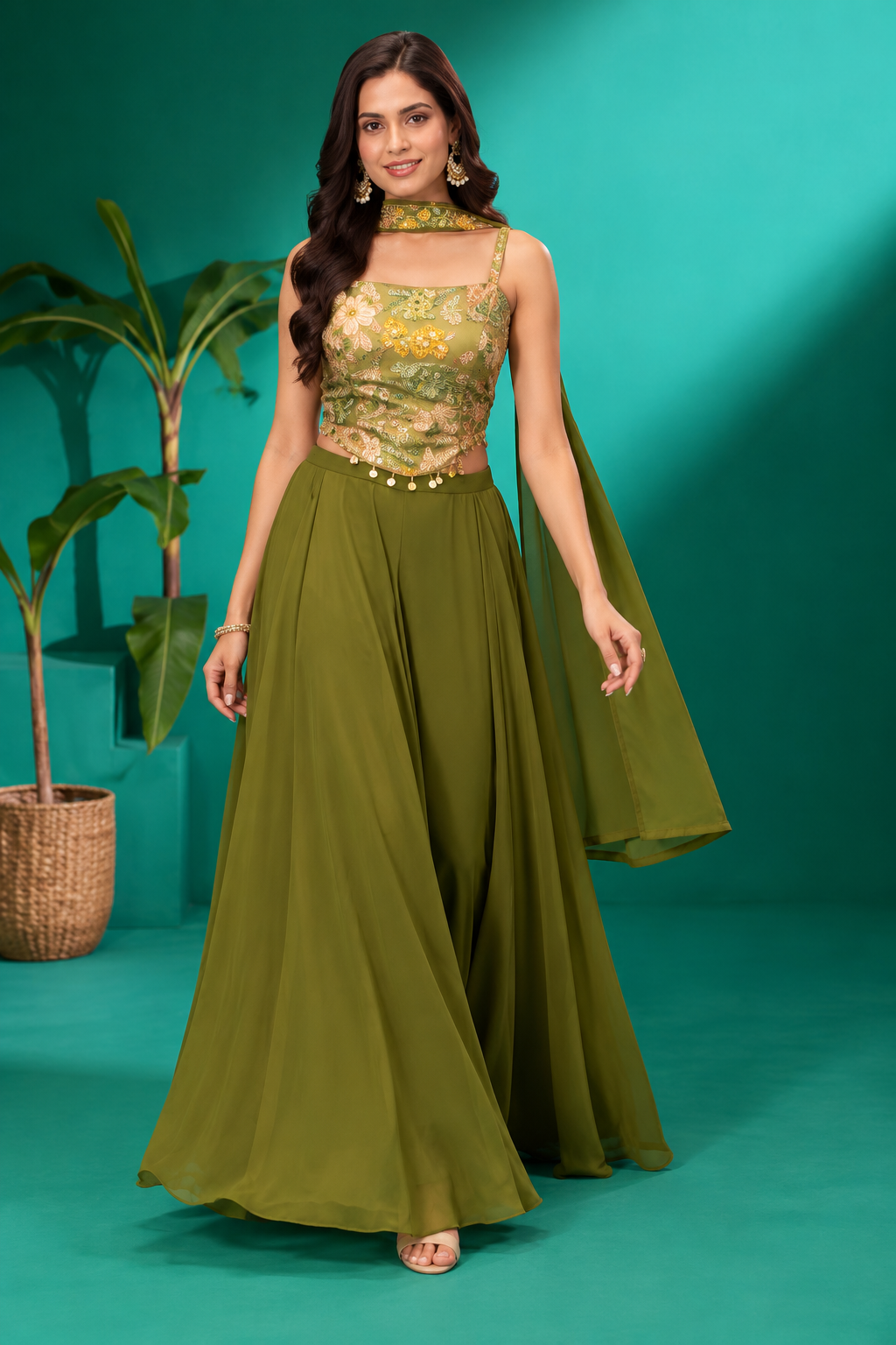 Olive Green Embroidered Palazzo Set
