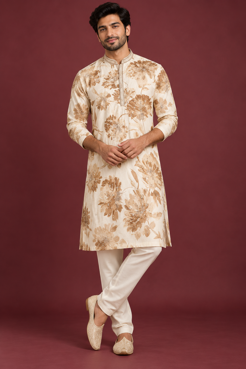 : Ivory Floral Embroidered Kurta Set