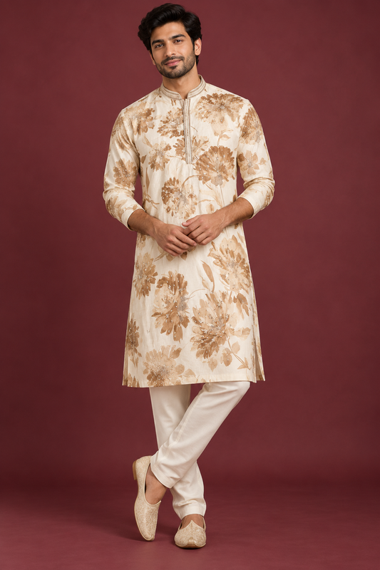 : Ivory Floral Embroidered Kurta Set
