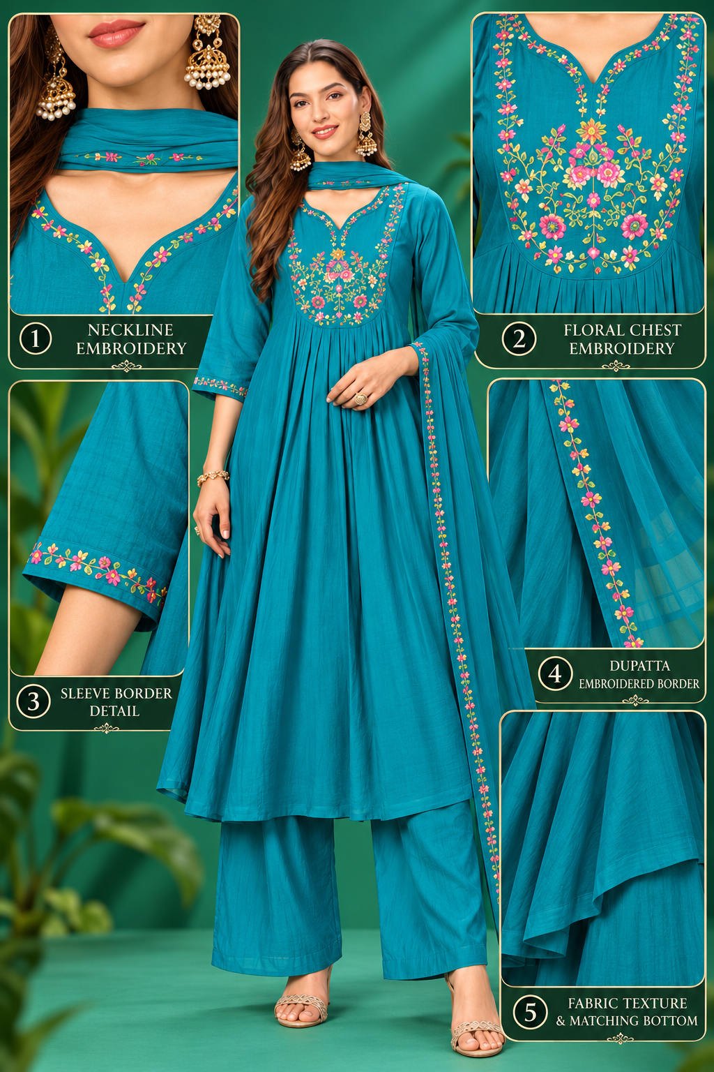 Teal Blue Embroidered Festive Kurta Set