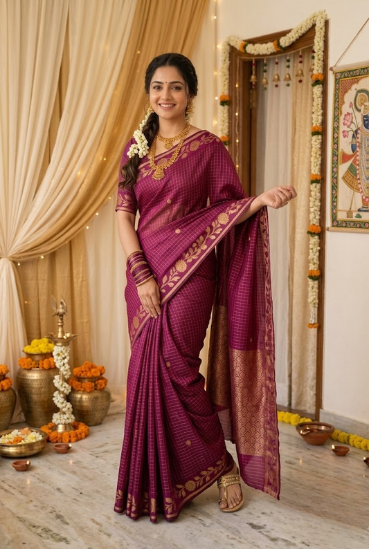 Wine Checked Silk Saree with Traditional Gold Zari Border