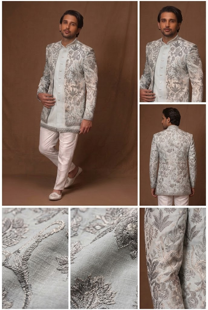 Ice Blue Floral Embroidered Indo-Western Set
