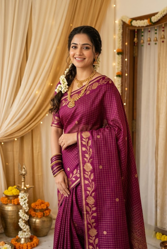Wine Checked Silk Saree with Traditional Gold Zari Border