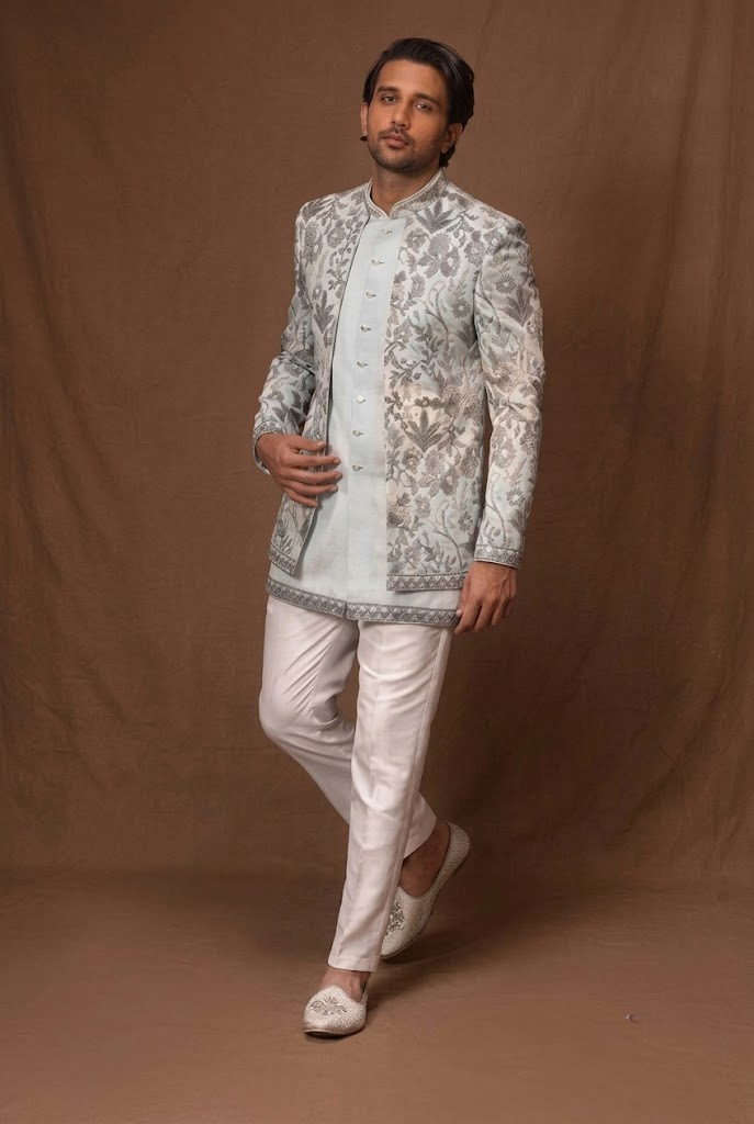 Ice Blue Floral Embroidered Indo-Western Set