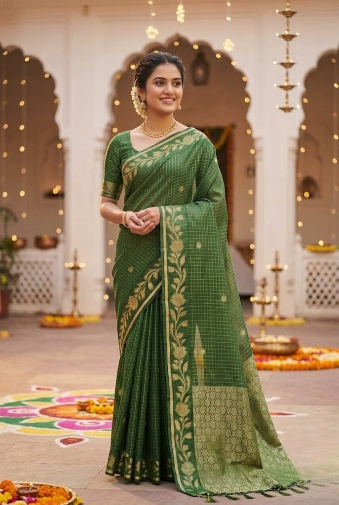 Green Checked Silk Saree with Floral Zari Border