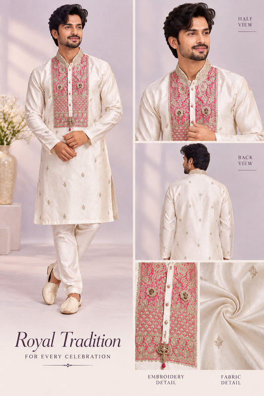 Men’s Ivory Kurta Set with Pink Embroidered Yoke