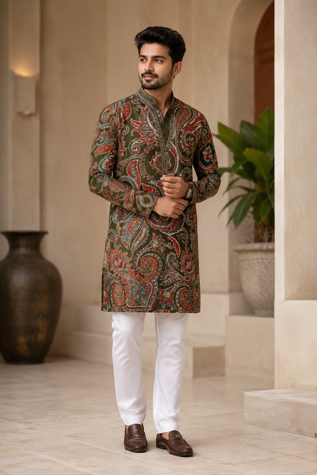 Olive Green Paisley Printed Festive Kurta for Men