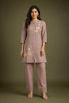 Mocha Brown Floral Embroidered Kurta Pant Set