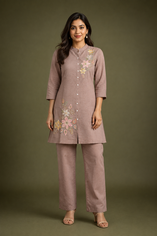 Mocha Brown Floral Embroidered Kurta Pant Set