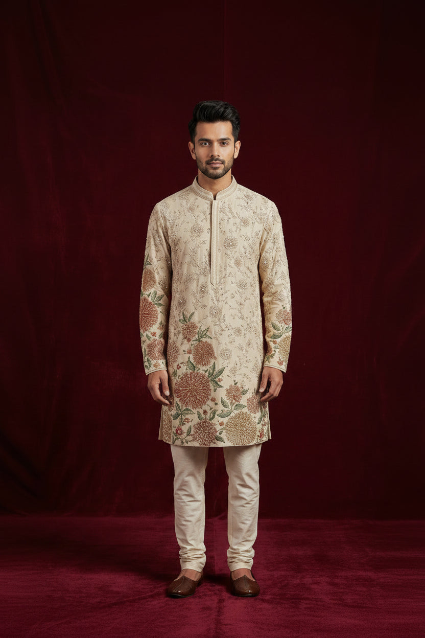 Ivory Floral Embroidered Wedding Kurta Set