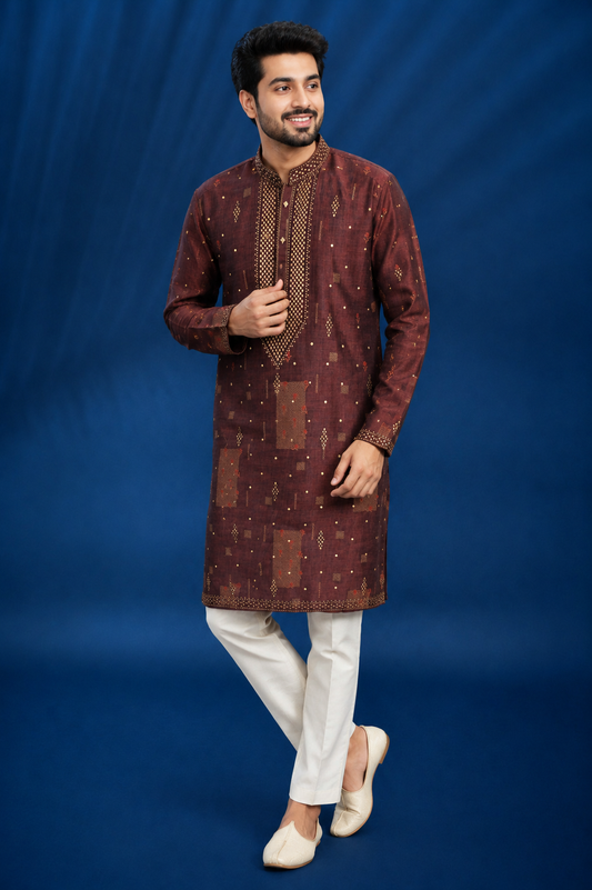 Deep Maroon-Brown Geometric Printed Kurta for Men
