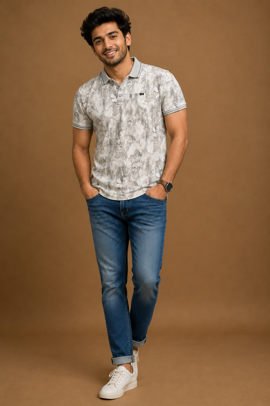 Men's Grey Leaf Print Polo T-Shirt with Chest Pocket