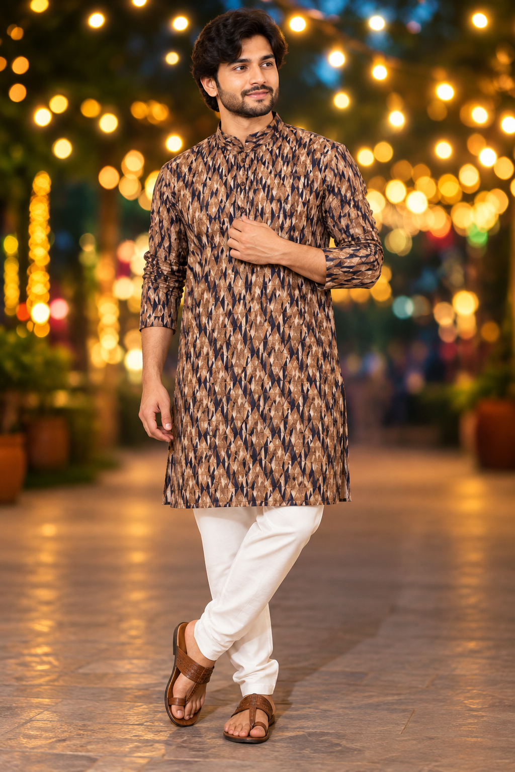 Men’s Brown Geometric Print Only Kurta