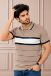 Classic Beige Striped Polo T-Shirt for Men | Premium Cotton Casual Wear
