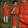 Crimson Red Printed Bandhani Silk Kurta Set for Men