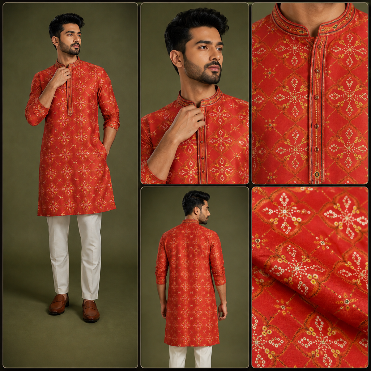 Crimson Red Printed Bandhani Silk Kurta Set for Men