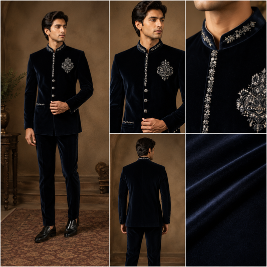 Midnight Navy Velvet Embroidered Jodhpuri Suit