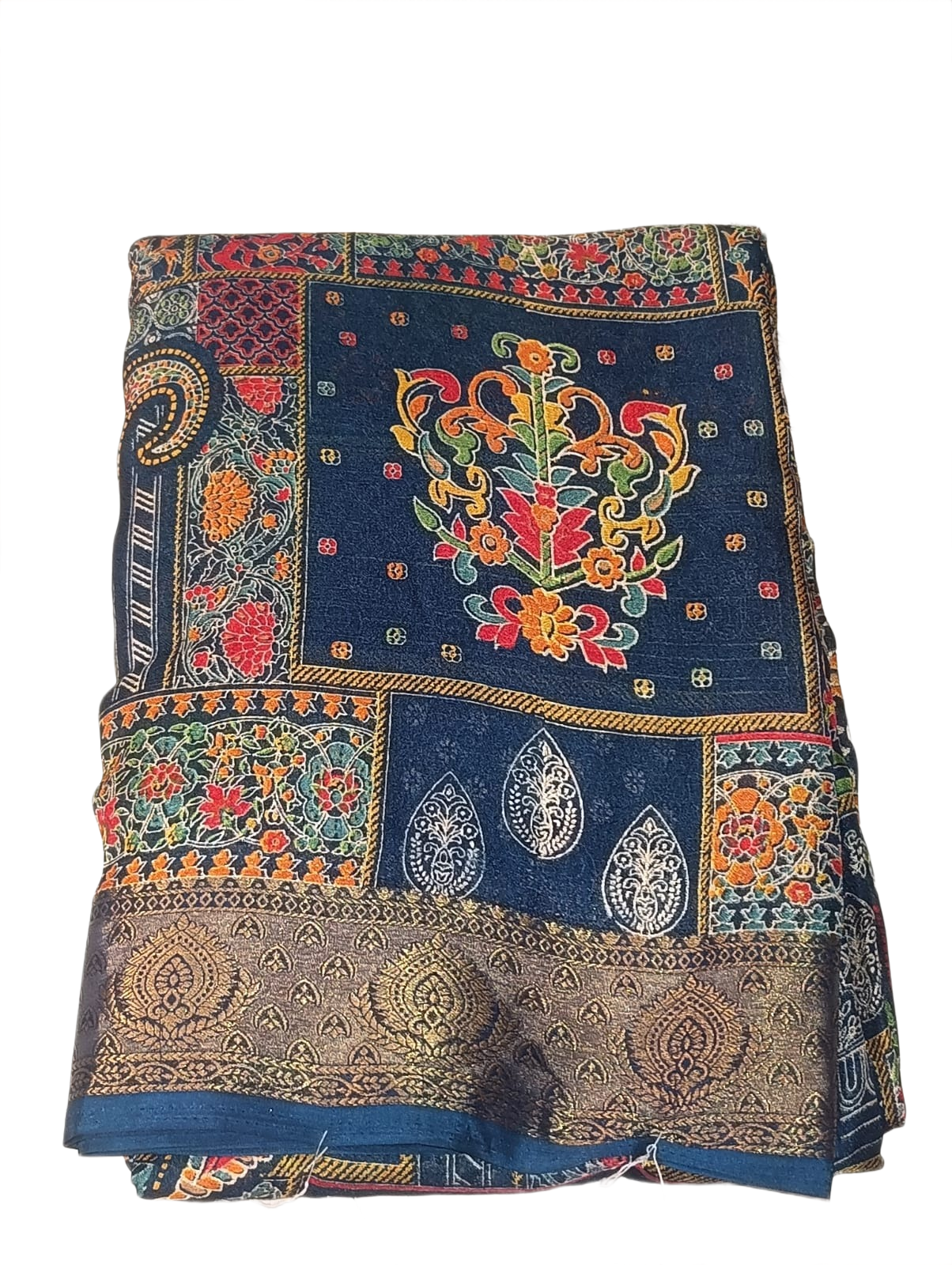 Elegant Blue Printed Saree with Intricate Paisley Design