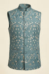 Teal Blue Floral Jacquard Nehru Jacket