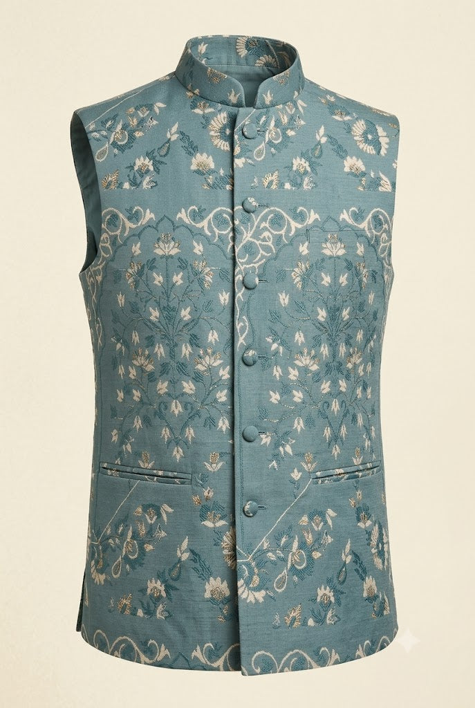 Teal Blue Floral Jacquard Nehru Jacket